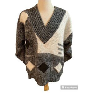 Vintage 80s Susann D Color Block Wool Blend V Neck Sweater Drop Shoulder Size M